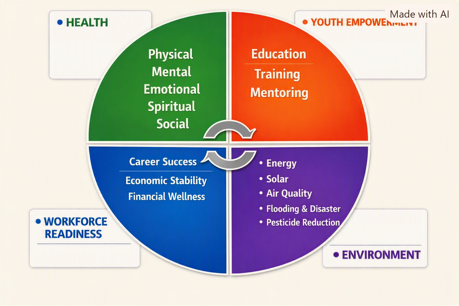 Four Domains of Transformation diagram: Health (Physical, Mental, Emotional, Spiritual, Social), Youth Empowerment (Education, Training, Mentoring), Climate & Environment (Energy, Solar), and Workforce Development (Occupational Wellness, Financial Wellness)